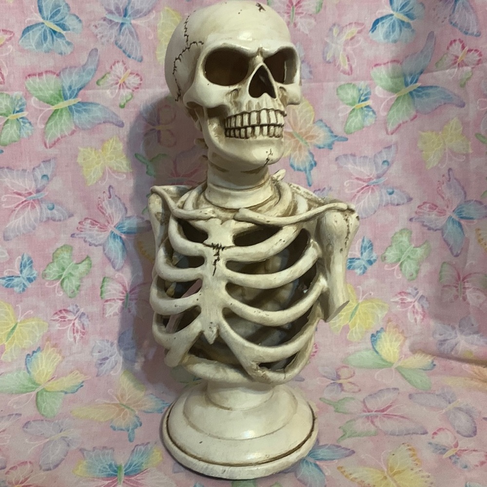 Light up Skeleton statue from Grandin Road. Uses AAA batteries.